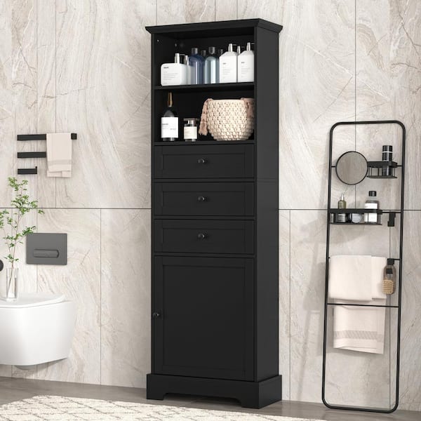 Tenleaf 22 in. W x 10.03 in. D x 67.30 in. H Black MDF Freestanding Linen Cabinet with Door and Drawers, Adjustable Shelf