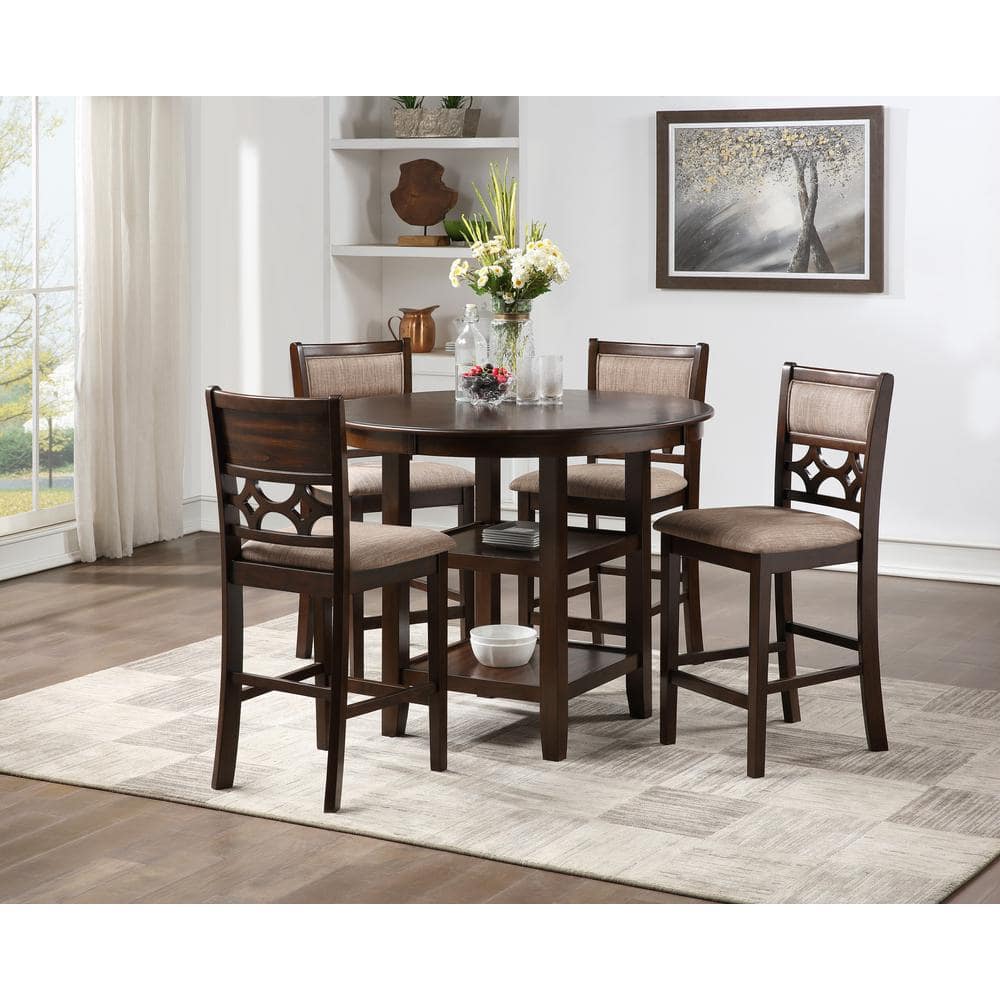 Cherry Brown Round Wood Counter Set with 4 Chairs