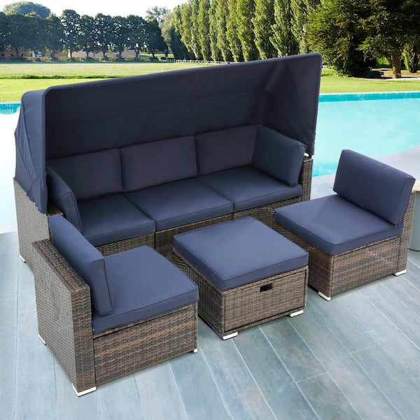 Cesicia 7-Pieces PE Rattan Wicker Outdoor Garden Patio Furniture Sectional Cushioned Sofa Sets with Blue Cushions in Gray