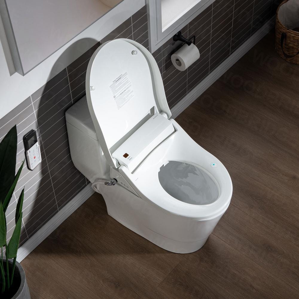 White Porcelain Elongated One-Piece Dual Flush Toilet with Smart Bidet