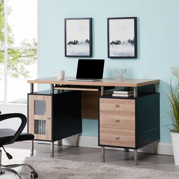 Modern Rectangular Home Office Desk with Drawers in Black  Home office  desks, Desk with drawers, Modern home office desk