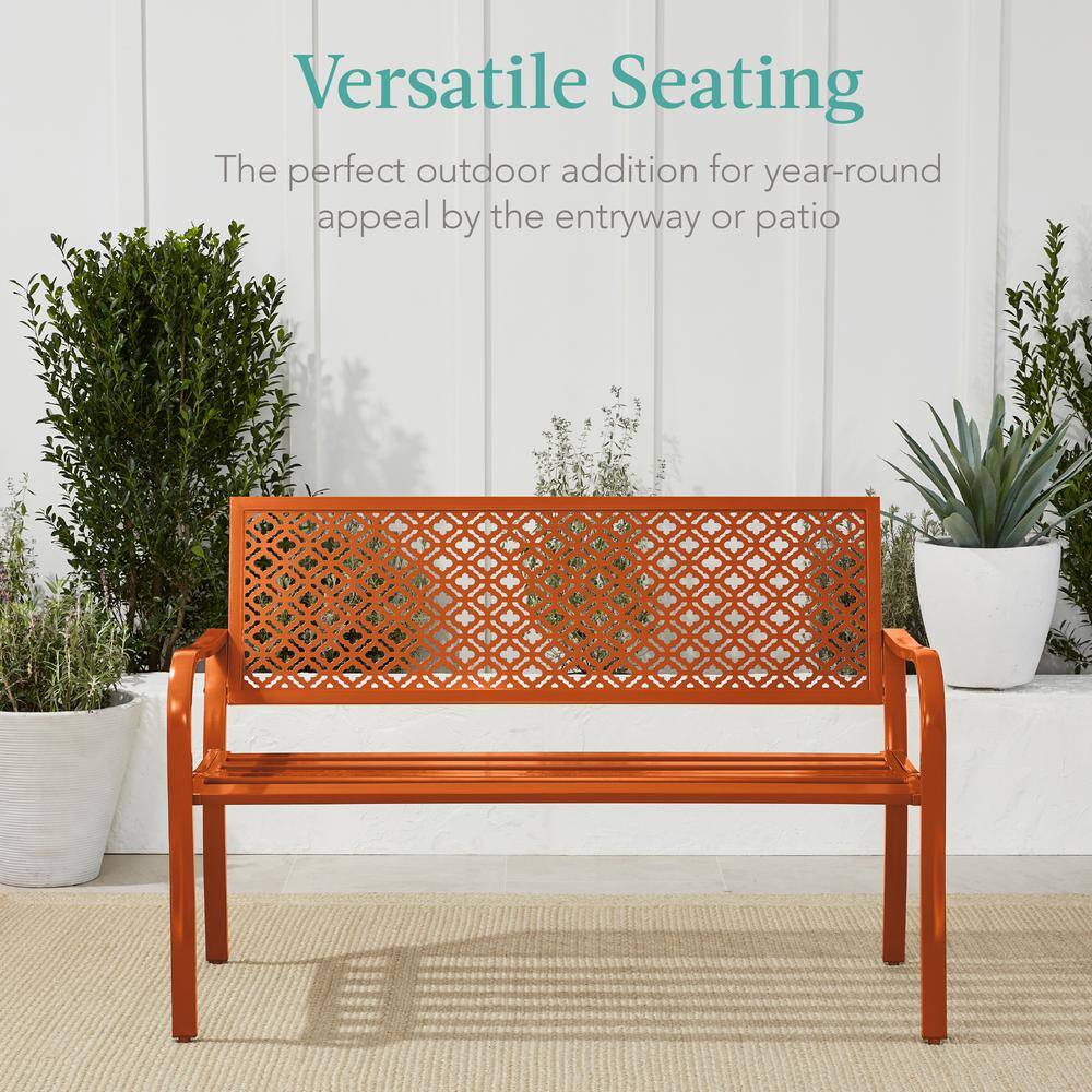 Carrot Orange Steel Geometric Pattern Outdoor Bench with Arms
