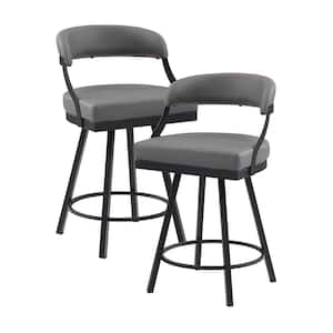 Brassica 26.5 in. Black Finish Metal Swivel Counter Height Chair with Gray Faux Leather Seat (Set of 2)