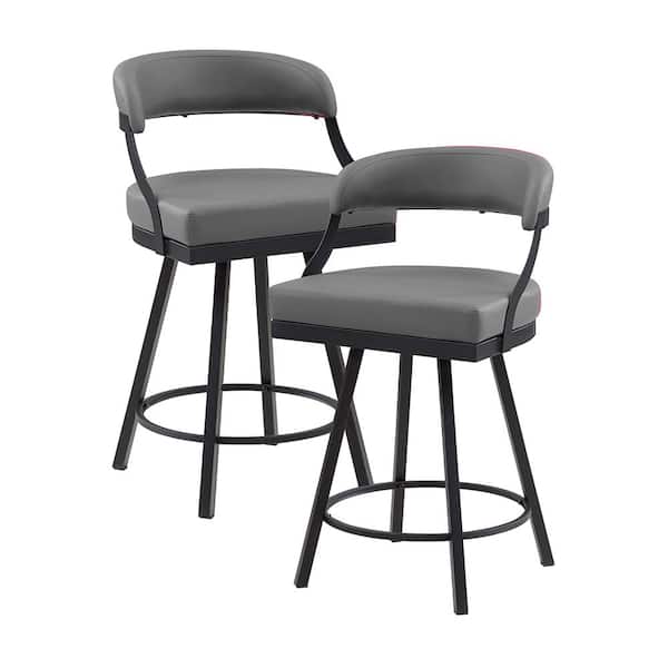 Lazzara Brassica 26.5 in. Black Finish Metal Swivel Counter Height Chair with Gray Faux Leather Seat (Set of 2)