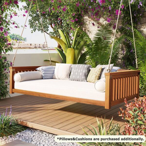 Oyezvary 3-Person Teak Wood Patio Minimalist Porch Swing Twin Size