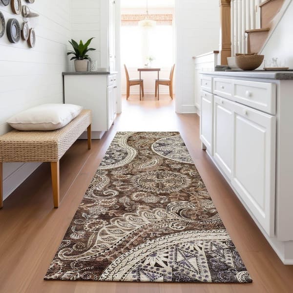 Mayfield Premium Machine Washable Abstract AMF1078 Brown 2 ft. 3 in. x 7 ft. 6 in. Runner Rug