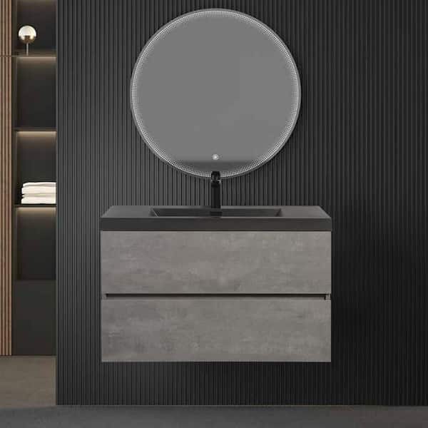 Abruzzo 30 in. W x 18.7 in. D x 19.7 in. H Wall Mounted Bathroom Vanity in Gray with Quartz Sand Surface Top Black Basin