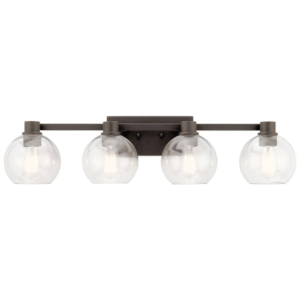 Harmony 33.5" Distressed Bronze 4-Light Wall Vanity with Clear Globe Shades