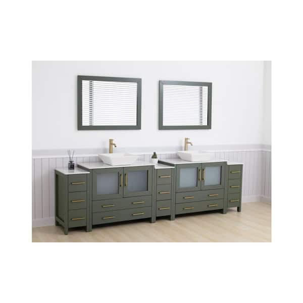 108 in. W Double Basin Vintage Green Bath Vanity with White Engineered Marble Top and Mirror