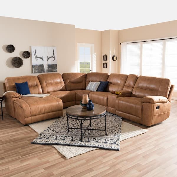 Mistral 6-Piece Tan Faux Leather 6-Seater L-Shaped Left-Facing Chaise Reclining Sectional Sofa