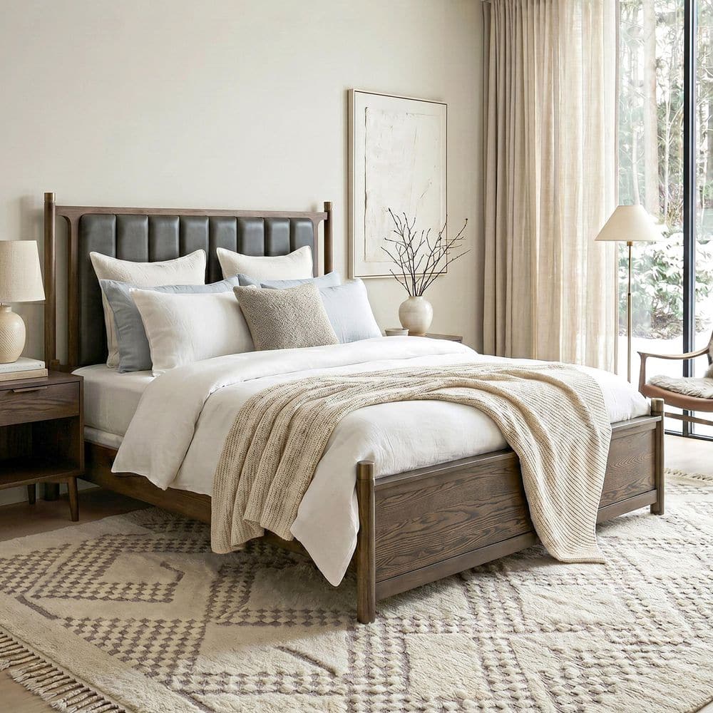 Jordan Dark Walnut Brown Wood Frame King Panel Bed with Faux Leather Channeled Padded Headboard price history on PriceWatchPro