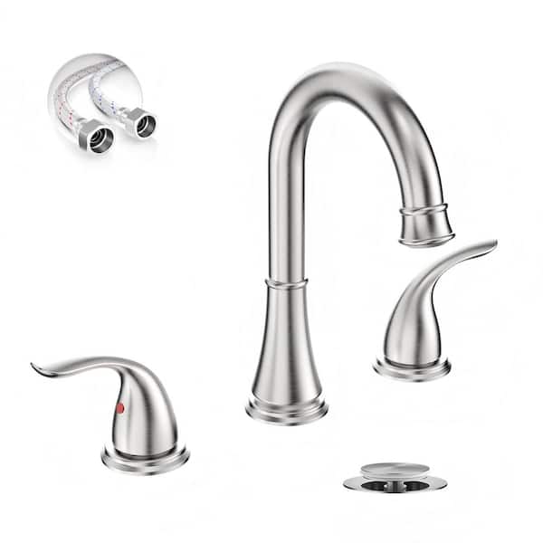 8 inch 3 Hole Brushed Nickel Widespread Bathroom Faucet, 2 Handle Modern Bathroom Sink Faucet with Pop-Up Drain