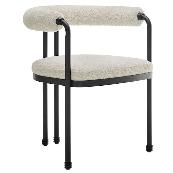 MODWAY Turin Boucle and Metal Dining Chair in Black Pearl-Upholstered Modern Barrel Armchair with Open Design