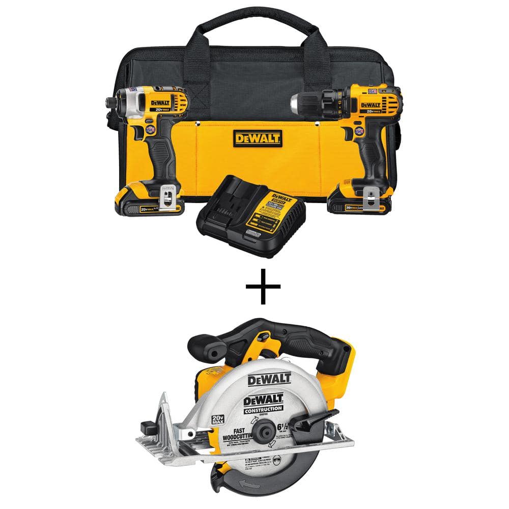 DEWALT 20V MAX Cordless Drill/Impact Combo Kit, 20V MAX Cordless 6.5 in. Circular Saw, (2) 20V 1.5Ah Batteries, and Charger