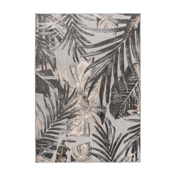 World Rug Gallery Gray 5 ft. x 7 ft. Floral Leaves Indoor/Outdoor Area Rug
