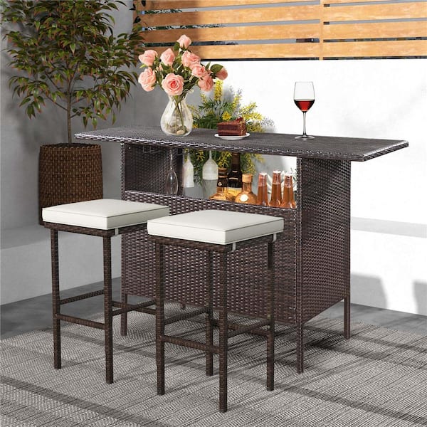 Metal Outdoor Bar Stool with Removable Seat Cushions Footrest Support in Beige Cushion