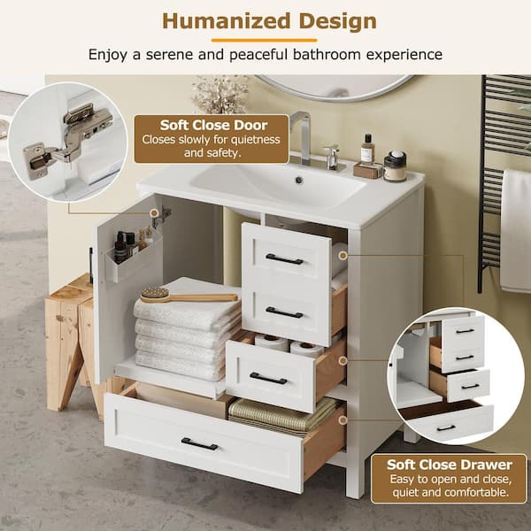 30 in. W Single Sink Freestanding White Bath Vanity with White Ceramic Top Removable Tray (Unassembled)