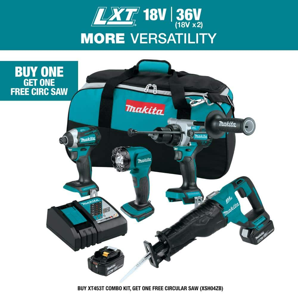 18V 5.0 Ah LXT Lithium-Ion Brushless Cordless Combo Kit (Hammer Drill/Impact Driver/Recipro Saw/Flashlight) -  Makita, XT453T