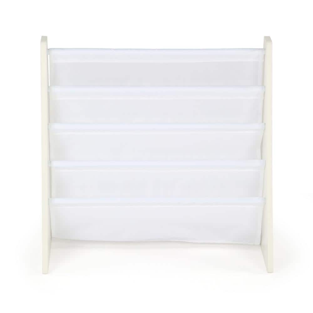 White 4-Tier Kids Book Rack with Fabric Pockets