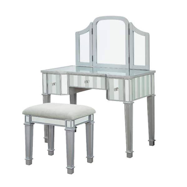 Benjara Silver Wooden Frame Vanity Set, Mirror Vanity Table Pier 1 Imports