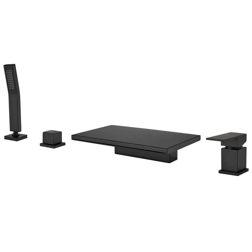 Single-Handle Waterfall Deck-Mount Roman Tub Faucet with Hand Shower Brass 4-Hole Bathtub Fillers in. Matte Black