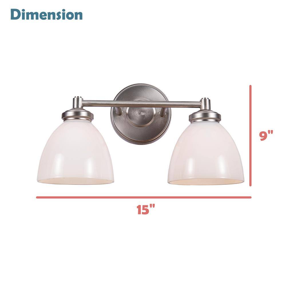 Brushed Nickel 2-Light Vanity Fixture with White Glass Shades