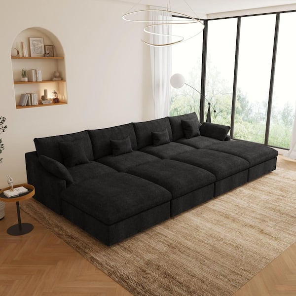 Magic Home 156 in. W Square Arm Linen Upholstered Rectangle 4-Seater Sectional Sofa with 4-Ottoman in Black