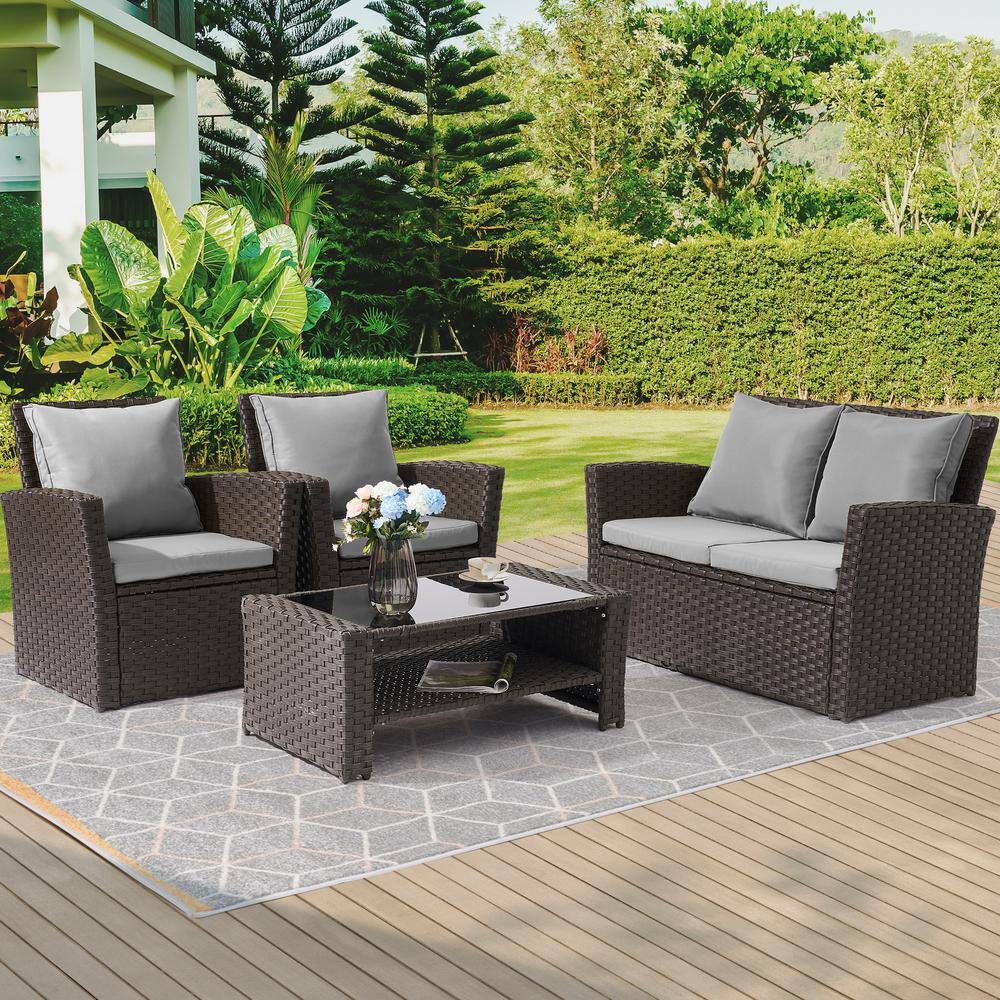 JOYESERY 4-Pieces PE Rattan Wicker Outdoor Patio Conversation Sofa Sets ...