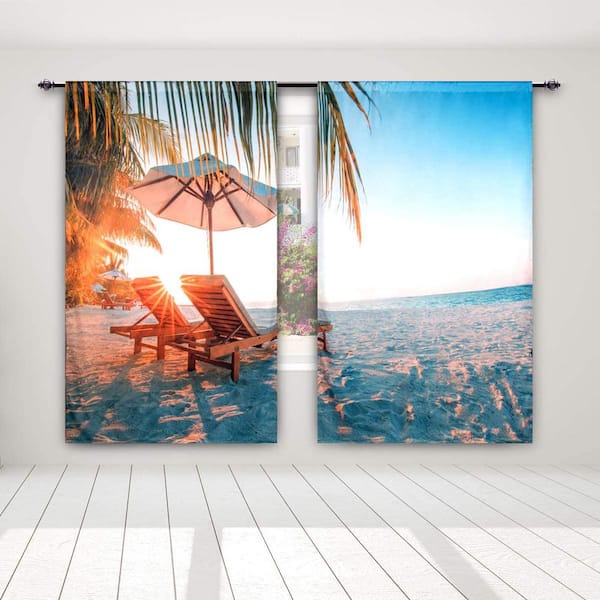 3D Ocean Island Palm Blockout Photo Printing 2Panels Curtain Drape Fabric Window 
