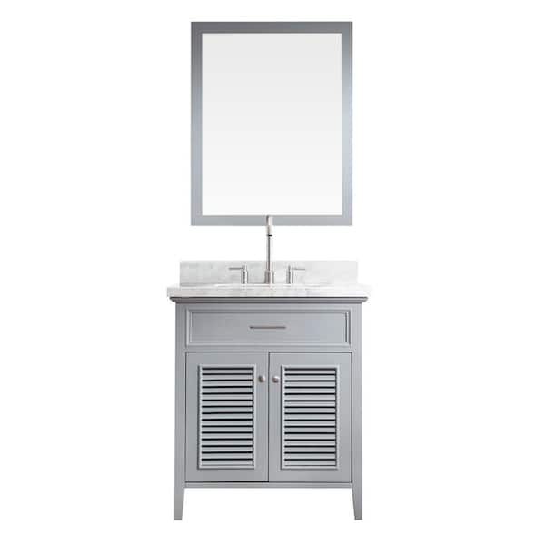 ARIEL Kensington 31 in. W x 22 in. D x 36 in. H Bath Vanity in Grey with Carrara White Marble Top and Mirror