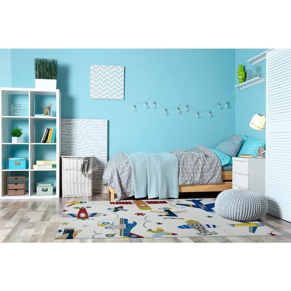 Kids Airplane Soft Playmat Cream 7 ft. x 10 ft. Indoor Soft Area Rug
