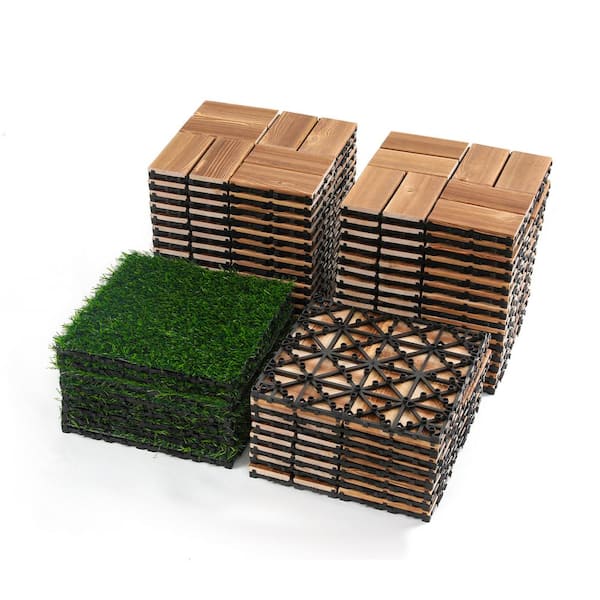 Unbranded 1 ft. x 1 ft. Plastic Interlock Square Deck Tile in Brown Include 36-Piece DIY and 8-Piece Simulated Lawn Tile (44-Pack)