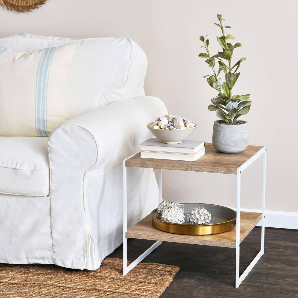 Coastal Oak and White Metal Square Side Table with Shelf