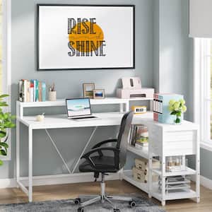 Moronia 55.1 in. Reversible L Shaped Desk White Particle Board 2-Drawer Computer Desk with Monitor Stand and Shelves