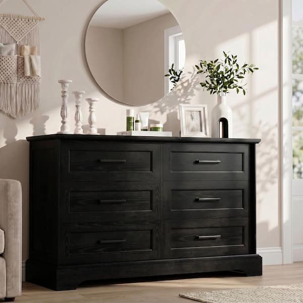 black wood grain dresser LACOO 47.2 in. W 6-Drawer Wide Dresser, Veneer Storage Chest with Metal Pulls, Black chic commute flush setup for any Cap-toe Oxford shoes in size:L