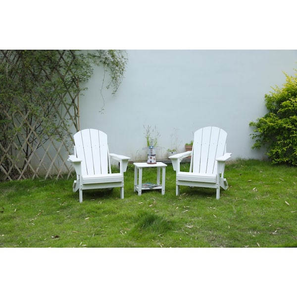 Tenleaf Folding 3-Piece HDPE Wood Texture Patio Conversation Ergonomic Adirondack Chair Set with Side Table White