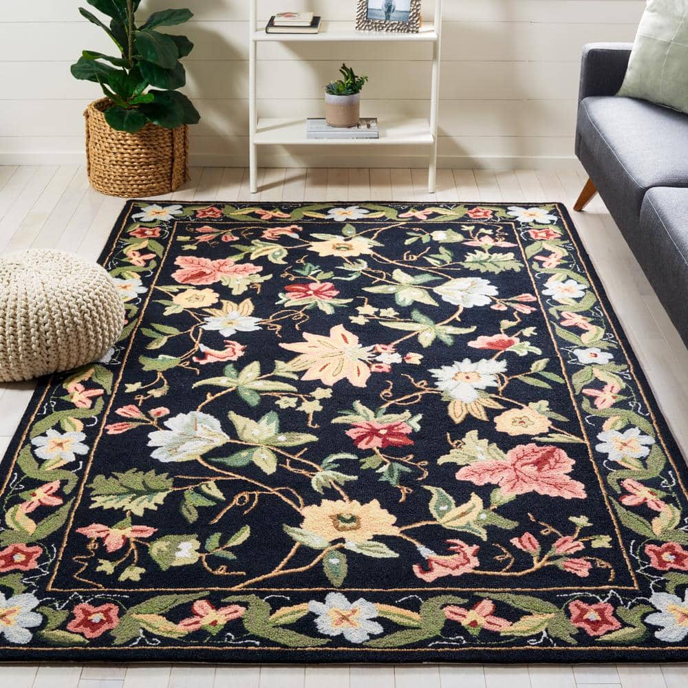 Handmade Black Floral Wool Accent Rug 2'6" x 4'