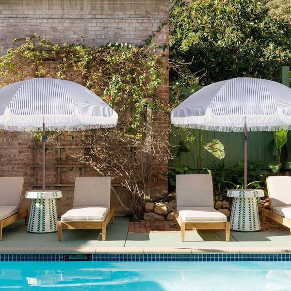7.5 ft striped patio umbrella GARSING 7.5ft Metal Striped Outdoor Beach Umbrella with Tassel in Blue