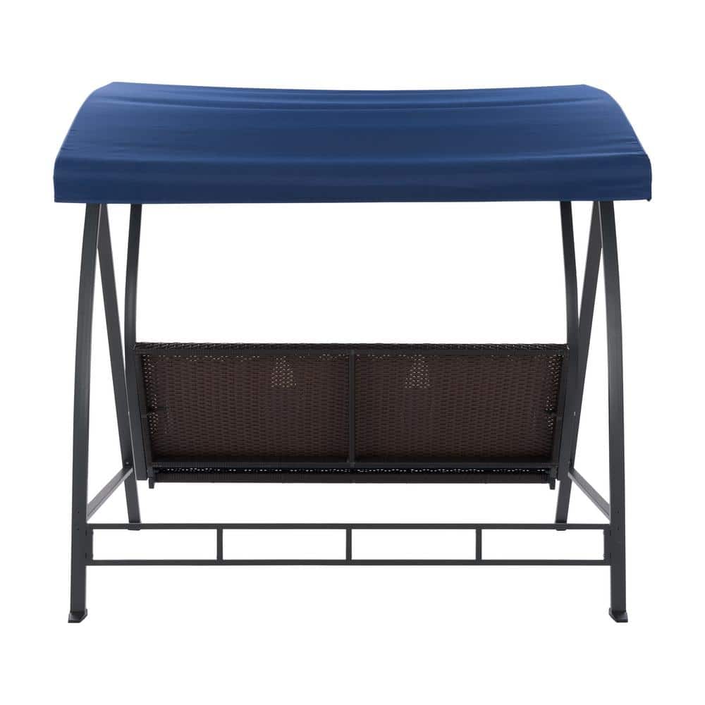 Flora Navy Blue 3-Seat Metal Patio Swing with Canopy and Striped Pillows