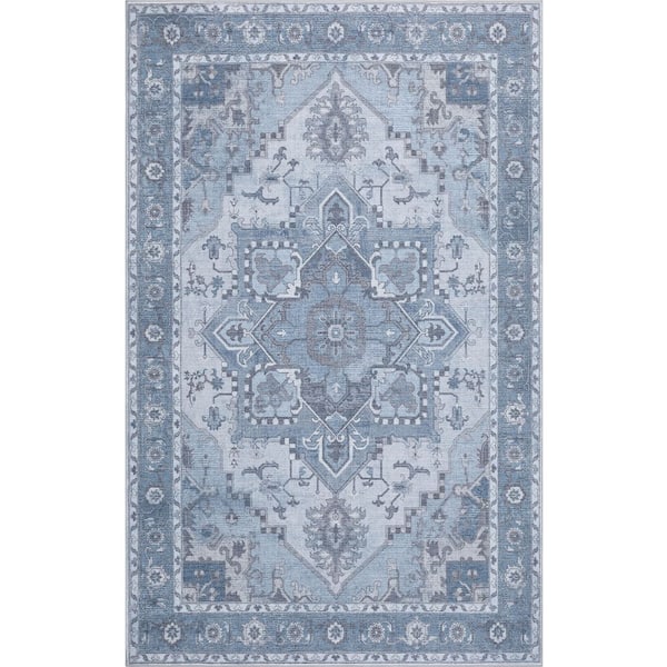 Sersi Ornate Large Medallion Border Non-Slip Machine-Washable Blue Gray/Cream 9 ft. x 12 ft. Area Rug
