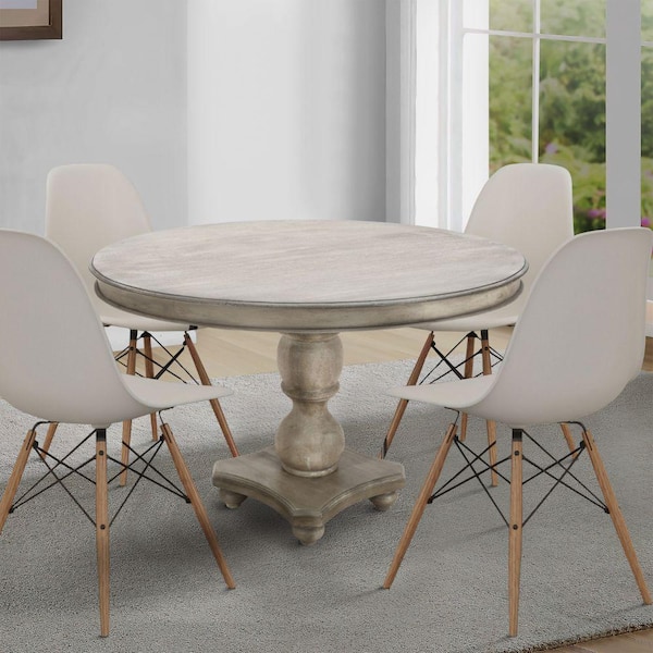 Traditional 41 in. Washed Round White Handcrafted Mango Wood Double Pedestal Dining Table with Round Molded Top Seats 4