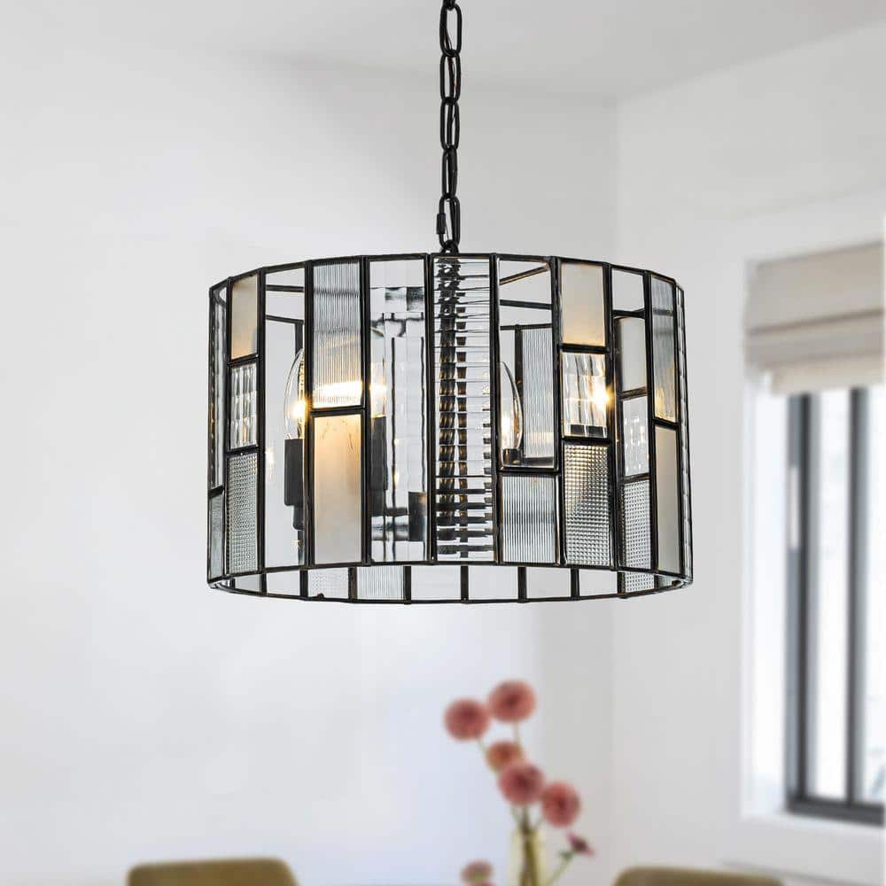 ALOA DECOR 14 in. 4-Light Farmhouse Small Lantern Drum Chandelier in ...