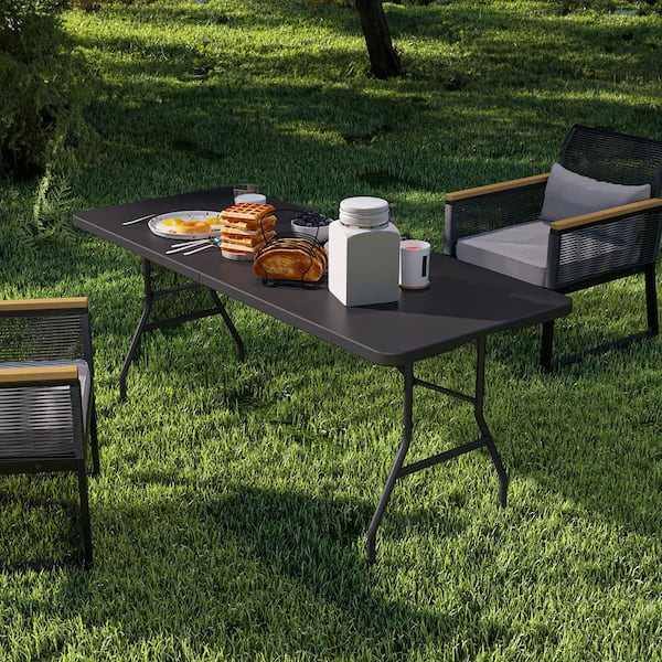 6 ft. Folding Tables with Carrying Handle Rectangular Plastic Fold Up Table for Outdoor Camping Picnic Parties, Black