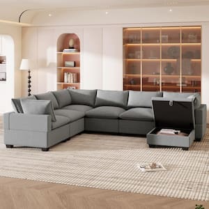 Modern 120 in. Square Arm Linen Fabric U-Shape Modular Sofa with Storage Ottoman with 2-Pillows Included