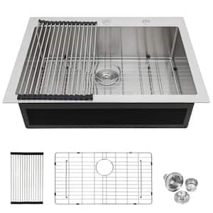 30 In. Drop In Single Bowl 16 Gauge Brushed Nickel Bowl Stainless Steel Kitchen Sink Basin with Drain Assembly
