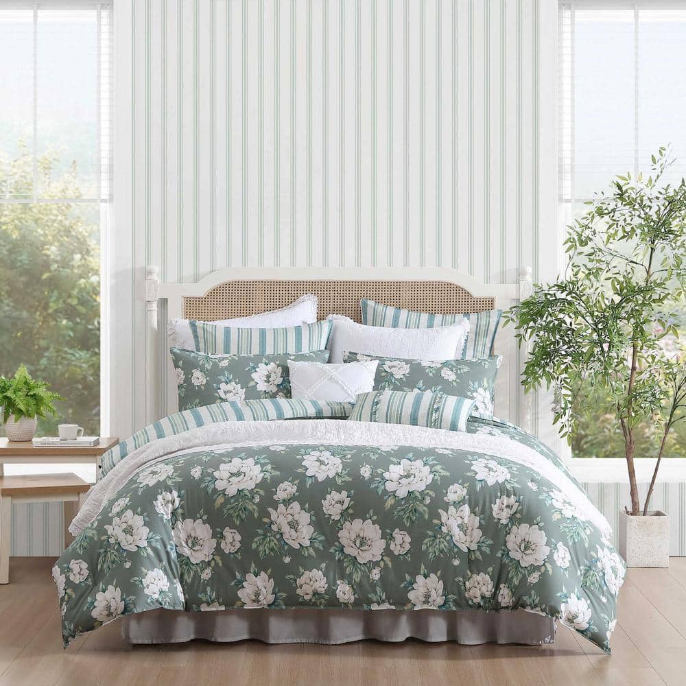 Ivory and Sage Green Cotton Twin Reversible Comforter Set