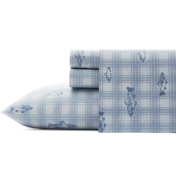 Eddie Bauer Methow Plaid 3-Piece Blue 200-Thread Count Cotton Percale Twin Sheet Set