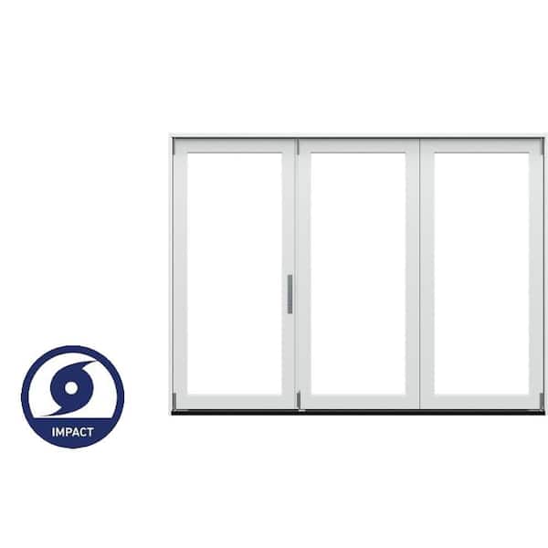 108 in. x 80 in. F4500 Right-Hand Primed Fiberglass 3-Panel Folding Patio Door w/ Low-E Impact Glass and Nickel Handle