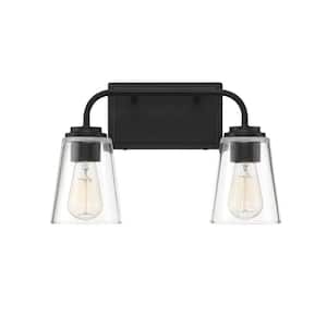15 in. W x 9.75 in. H 2-Light Matte Black Bathroom Vanity Light with Clear Glass Shades