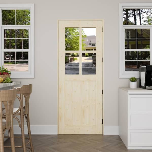 30 in. x 80 in. Unfinished Solid Pine wood Universal 4 Lite Clear Glass Dutch Door Interior Door Slab